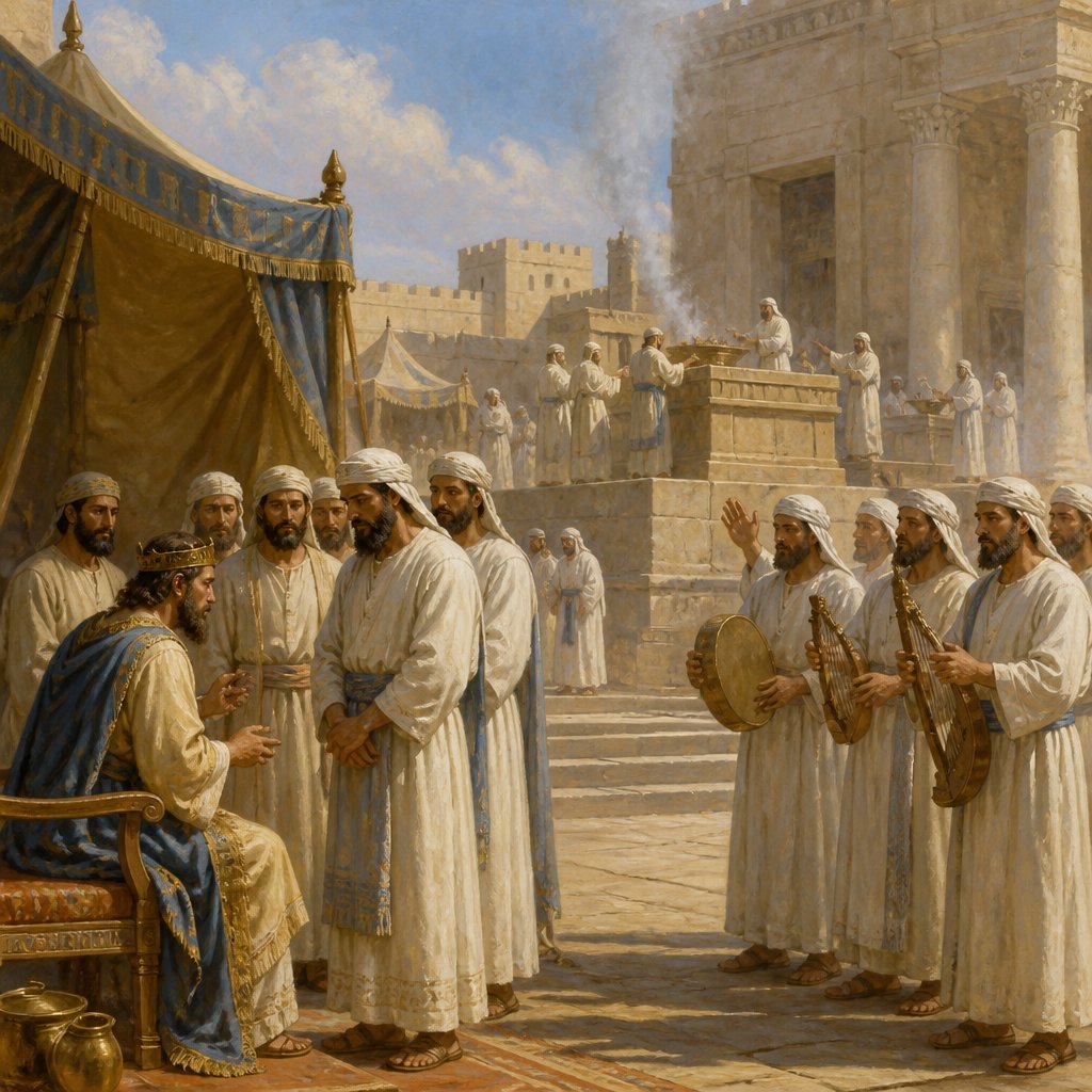 "¶ And Hezekiah appointed the courses of the priests and the Levites after their courses, every man according to his service, the priests and Levites for burnt offerings and for peace offerings, to minister, and to give thanks, and to praise in the gates of the tents of the LORD." - 2 Chronicles 31:2
