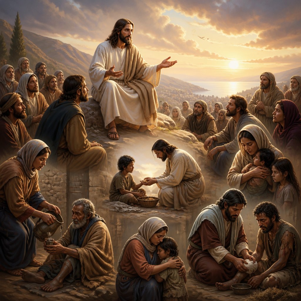Jesus preaching to the masses about what they do for the least of them they do for Jesus Matthew 25:40