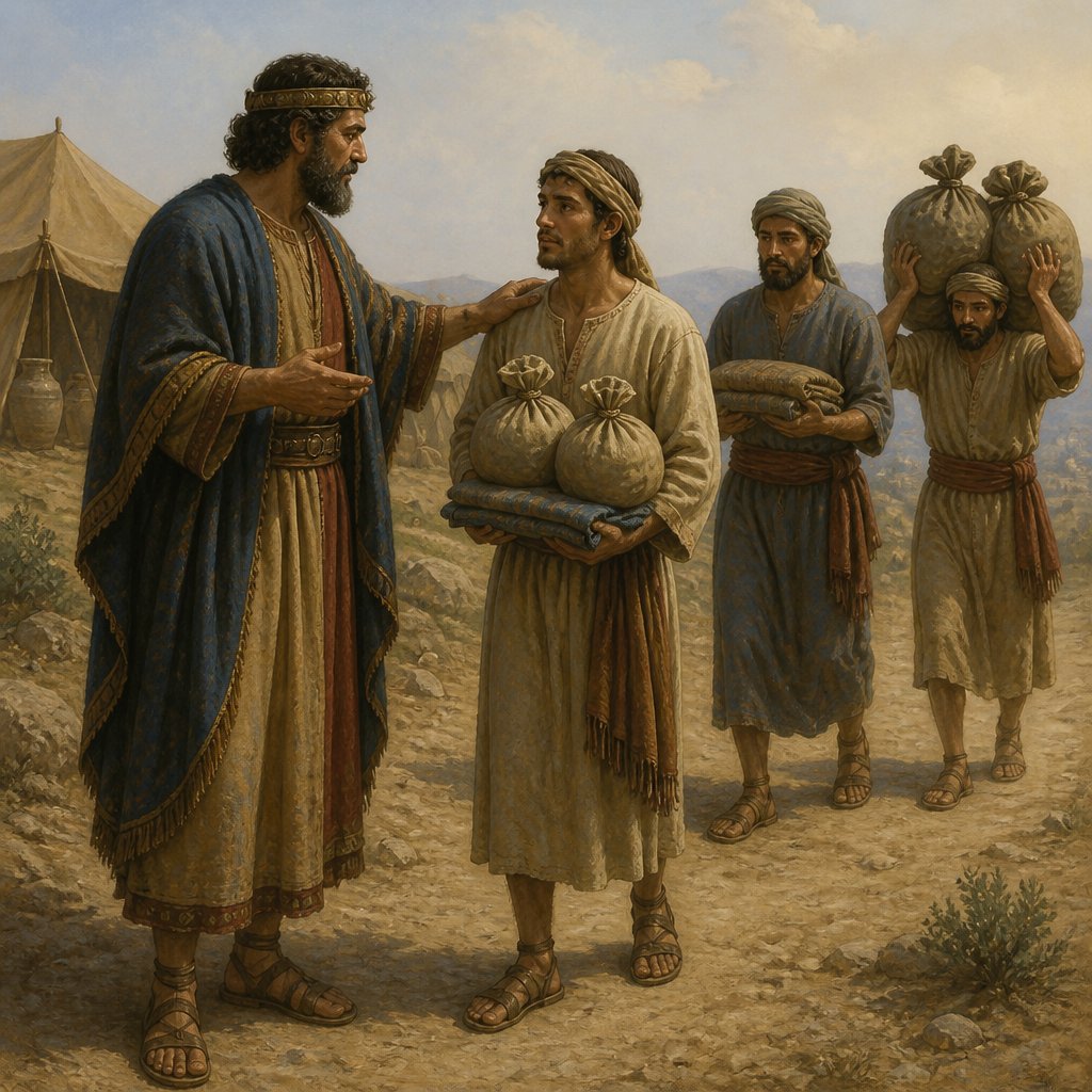"And Naaman said, Be content, take two talents. And he urged him, and bound two talents of silver in two bags, with two changes of garments, and laid them upon two of his servants; and they bare them before him." - 2 Kings 5:23