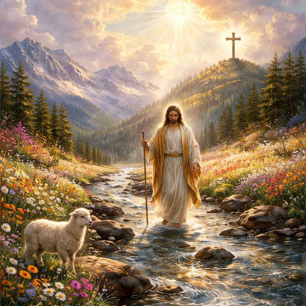Mountains with the flowers and a lamb of God with a water stream in the middle and Jesus walking through it with beautiful clouds and a sun and a cross on the hill