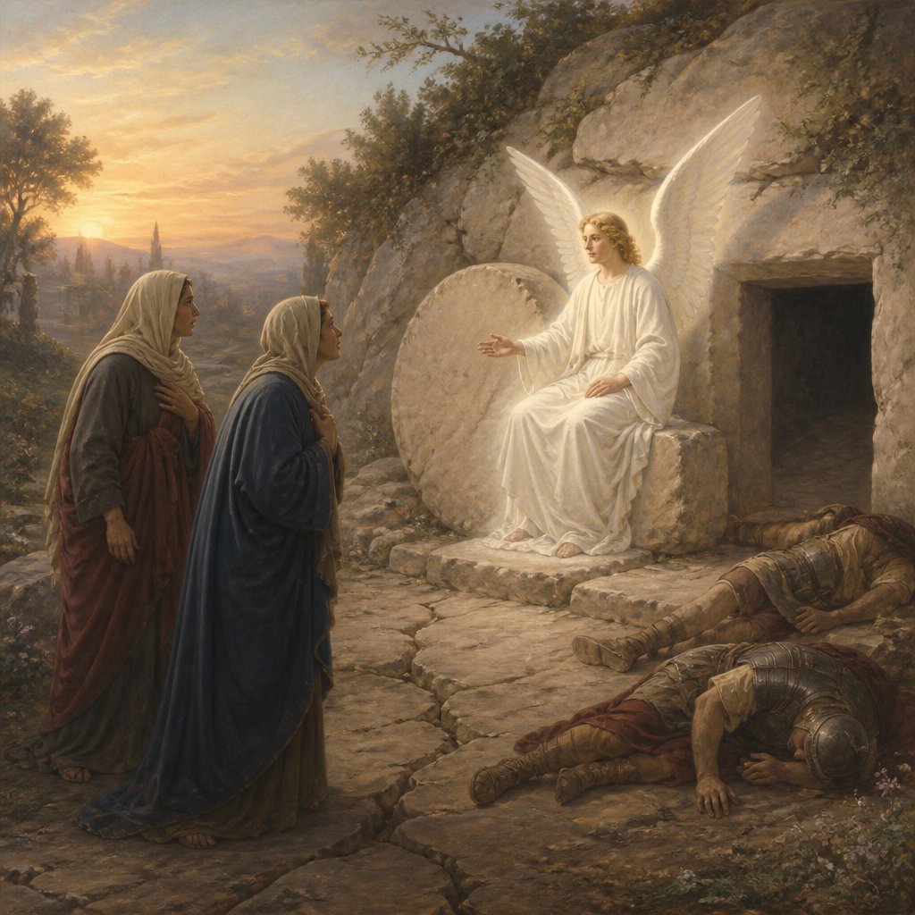 "After the Sabbath, at dawn on the first day of the week, Mary Magdalene and the other Mary went to look at the tomb.
There was a violent earthquake, for an angel of the Lord came down from heaven and, going to the tomb, rolled back the stone and sat on it. His appearance was like lightning, and his clothes were white as snow. The guards were so afraid of him that they shook and became like dead men.
The angel said to the women, “Do not be afraid, for I know that you are looking for Jesus, who was crucified. He is not here; he has risen, just as he said. Come and see the place where he lay. Then go quickly and tell his disciples: ‘He has risen from the dead and is going ahead of you into Galilee. There you will see him.’ Now I have told you." - Matthew 28:1-7
