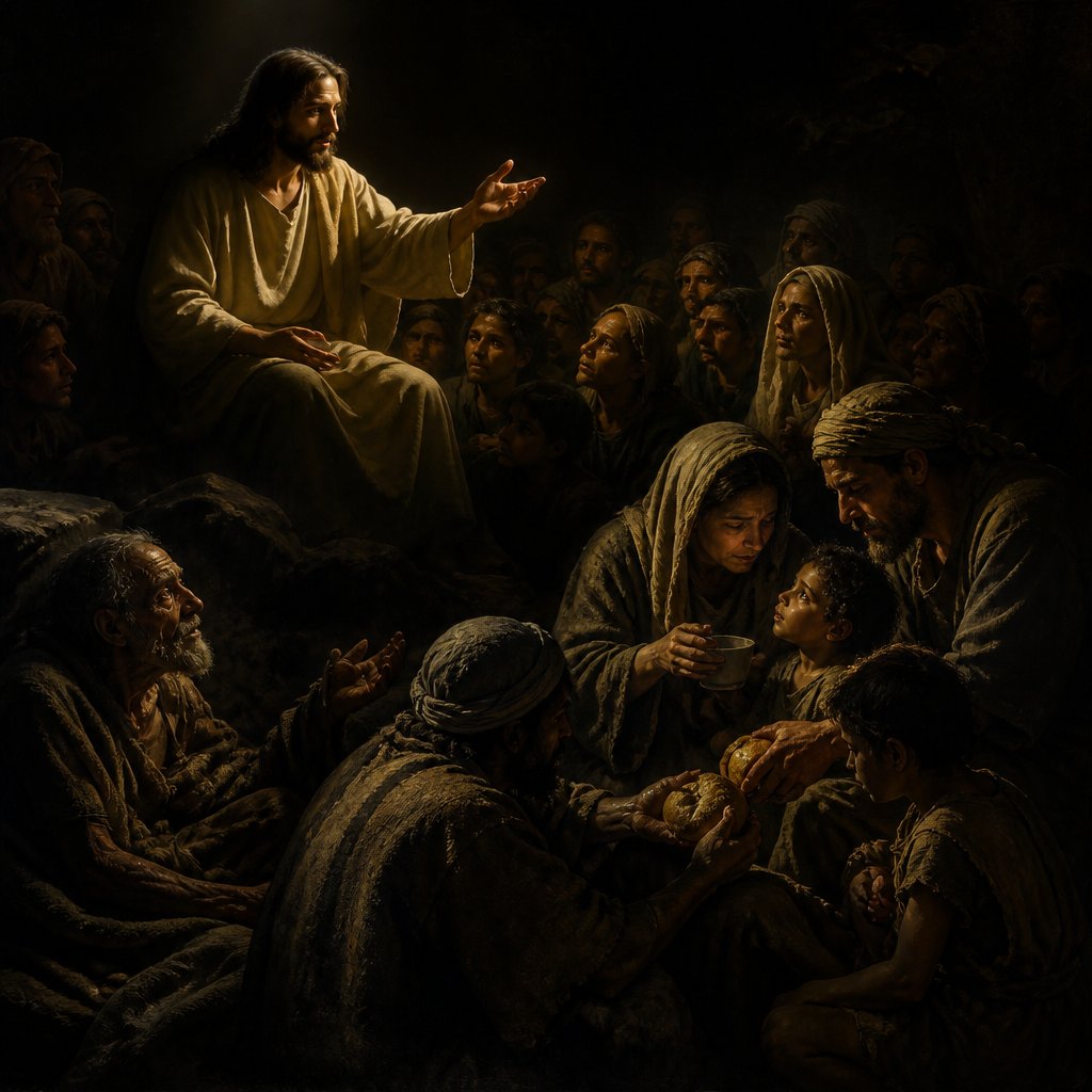 Jesus preaching to the masses about what they do for the least of them they do for Jesus Matthew 25:40