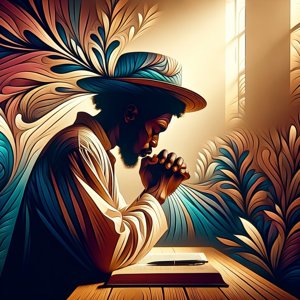 African American the Lord will give you understanding in everything.
Create a digital art-style image that is reflective of Christian devotion. In the scene, depict an African American individual in a state of prayer or contemplation, suggesting the understanding granted by faith. Use a rich color palette and avoid using text or words within the image. The overall vibe should evoke respect, tranquility, and devotion.