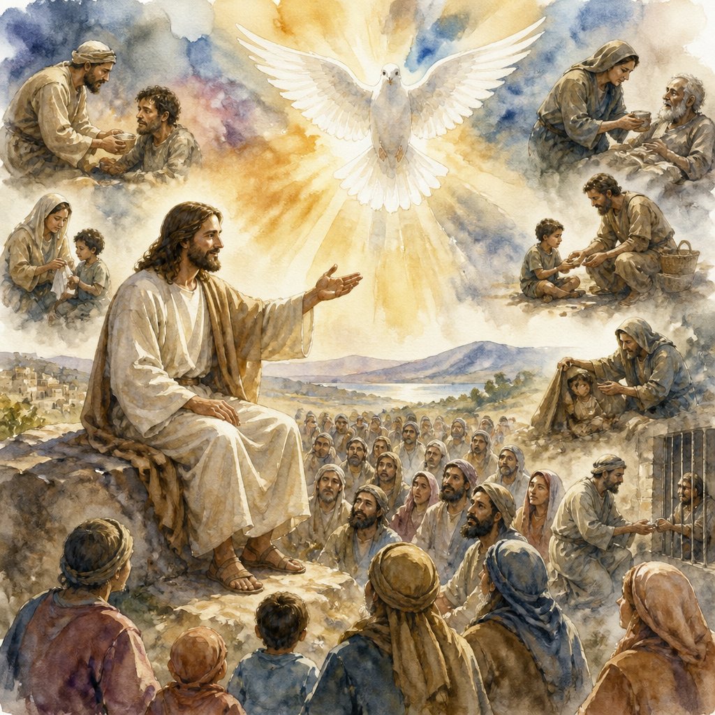 Jesus preaching to the masses about what they do for the least of them they do for Jesus Matthew 25:40 with Holy Spirit in the background