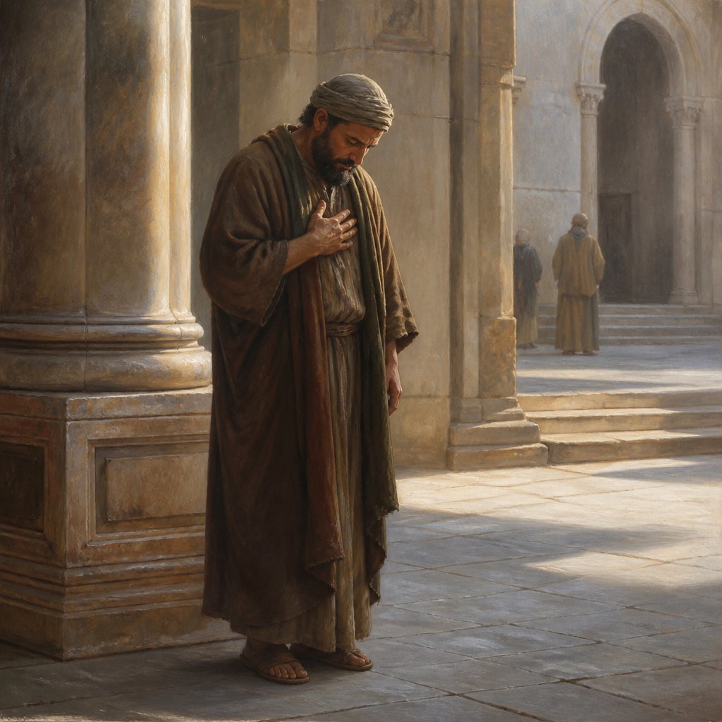 "And the publican, standing afar off, would not lift up so much as his eyes unto heaven, but smote upon his breast, saying, God be merciful to me a sinner." - Luke 18:{verse.verse_number}