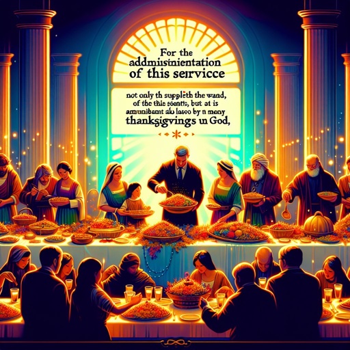 2 Corinthians 9:12 - "For the administration of this service not only supplieth the want of the saints, but is abundant also by many thanksgivings unto God;"

Create an illustration of a digital art piece inspired by the verse from 2 Corinthians 9:12 - 'For the administration of this service not only supplieth the want of the saints, but is abundant also by many thanksgivings unto God;'. This should capture the themes of abundance, service, and thanksgiving. The setting could perhaps be a lavish feast table being served by a group of diverse people, signifying the service. Everyone around the table should be expressing gratitude or offering prayers, indicating 'thanksgivings unto God'. Imagine the setting in a warm and vibrant palette, with elements like glowing light effects and smooth gradients, emulating a digital art aesthetic.