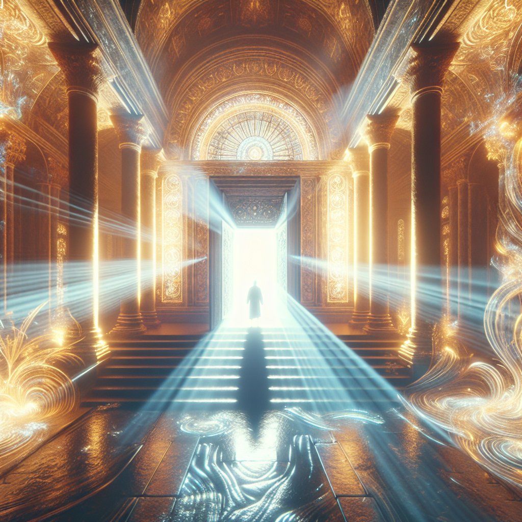 Ezekiel 43:4 - "And the glory of the LORD came into the house by the way of the gate whose prospect is toward the east."
Visualize a scene inspired by the biblical passage Ezekiel 43:4: 'And the glory of the LORD came into the house by the way of the gate whose prospect is toward the east.' This setting should vividly depict a sacred house, possibly bathed in radiant, divine light that emanates from the gate facing the east. Capture the essence of the story as an evocative digital art piece, using modern techniques to illustrate the ethereal beauty of this sublime moment.