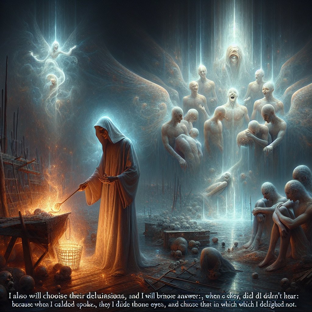 Isaiah 66:4 - "I also will choose their delusions, and will bring their fears upon them; because when I called, none did answer; when I spake, they did not hear: but they did evil before mine eyes, and chose that in which I delighted not."
A digital art interpretation of a scene signifying Isaiah 66:4: 'I also will choose their delusions, and will bring their fears upon them; because when I called, none did answer; when I spake, they did not hear: but they did evil before mine eyes, and chose that in which I delighted not.' The image communicates the solemn tone of the quote with ethereal figures representing delusion and fear. A single figure, indifferent to the calls, is seen performing an unidentified evil act under a divine gaze. All these elements are wrapped in an ambiance of displeasure.