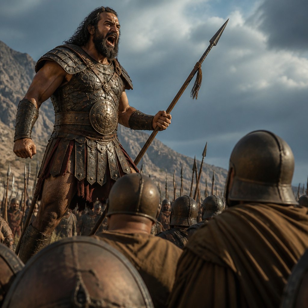 Goliath shouting insults at a scared Israelite army