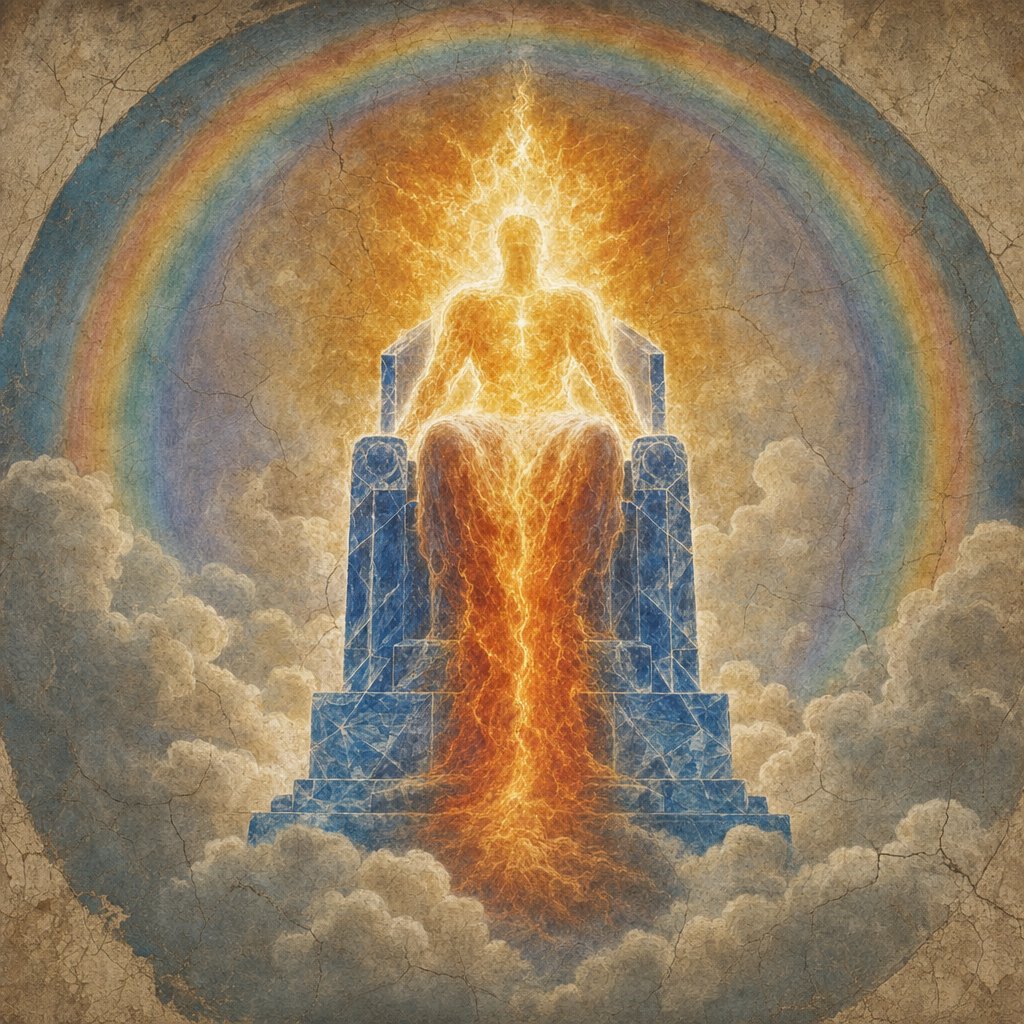 a throne, in appearance like sapphire, and seated above the likeness of the throne was something that seemed like a human form. Upward from what appeared like the loins I saw something like gleaming amber, something that looked like fire enclosed all around, and downward from what looked like the loins I saw something that looked like fire, and there was a splendor all around. Like the bow in a cloud on a rainy day, such was the appearance of the splendor all around. This was the appearance of the likeness of the glory of the Lord.