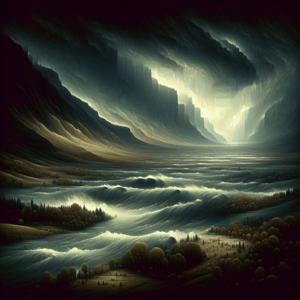 Isaiah 5:30 - "And in that day they shall roar against them like the roaring of the sea: and if one look unto the land, behold darkness and sorrow, and the light is darkened in the heavens thereof."
Create a digital artwork depicting the biblical scene from Isaiah 5:30: Imagine a group of people bitterly roaring like a tumultuous sea. This scene takes place in a sorrowful landscape under darkened skies, with a sense of looming dread and sadness looming across the land. The usual light of the heavens is overshadowed, creating an atmosphere of mourning and melancholy. Characteristic of digital art, this image should have a distinct digital texture - pixelated forms, smooth gradients, or unexpected color combinations.