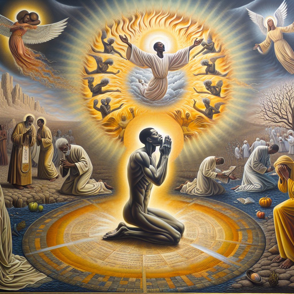 african american people holy spirit
An art piece displaying surrealist interpretation of devotional Christian themes. Show an African American figure in an act of faith or prayer, embodying the presence of the Holy Spirit. The scene should evince a spiritual and serene atmosphere, invoking a sense of veneration. Please ensure the image does not contain any text or words.