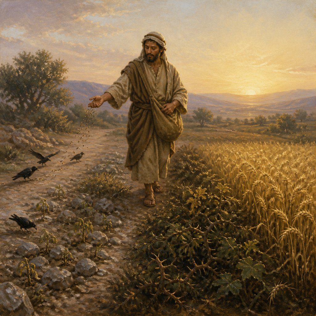 "And he said unto them, Know ye not this parable? and how then will ye know all parables?
The sower soweth the word.
And these are they by the way side, where the word is sown; but when they have heard, Satan cometh immediately, and taketh away the word that was sown in their hearts.
And these are they likewise which are sown on stony ground; who, when they have heard the word, immediately receive it with gladness;
And have no root in themselves, and so endure but for a time: afterward, when affliction or persecution ariseth for the word’s sake, immediately they are offended.
And these are they which are sown among thorns; such as hear the word,
And the cares of this world, and the deceitfulness of riches, and the lusts of other things entering in, choke the word, and it becometh unfruitful.
And these are they which are sown on good ground; such as hear the word, and receive it, and bring forth fruit, some thirtyfold, some sixty, and some an hundred." - Mark 4:13-20