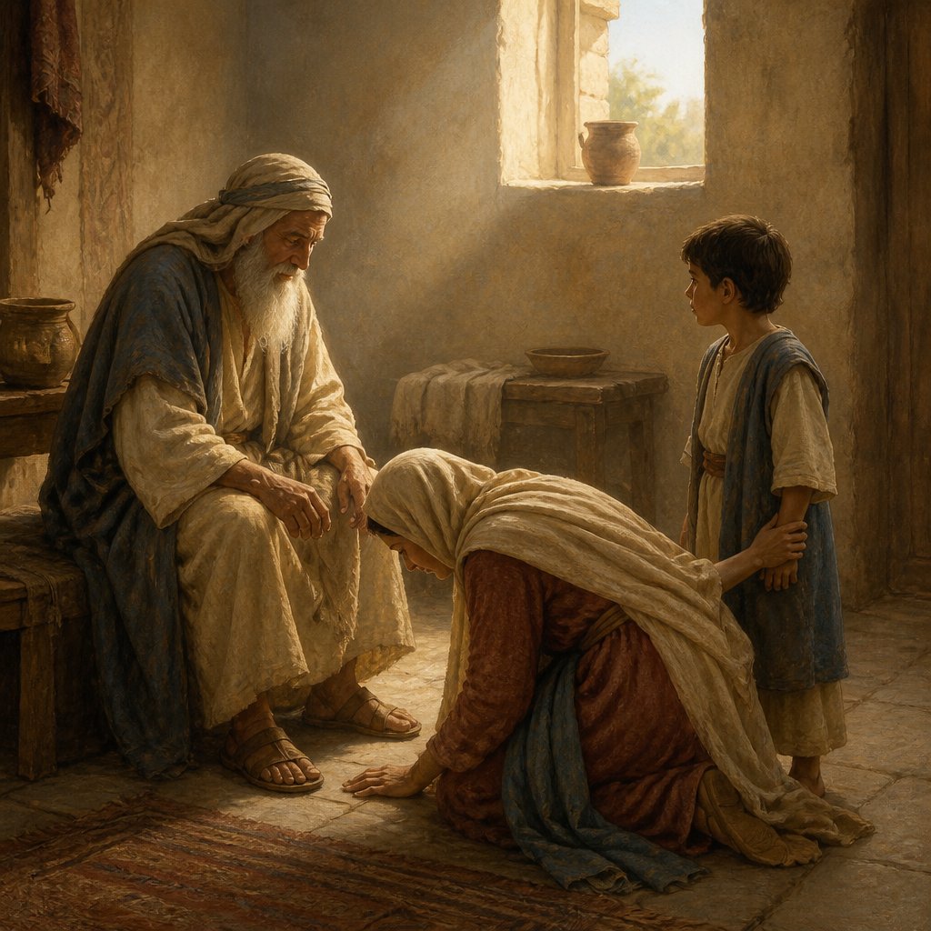 "Then she went in, and fell at his feet, and bowed herself to the ground, and took up her son, and went out." - 2 Kings 4:{verse.verse_number}