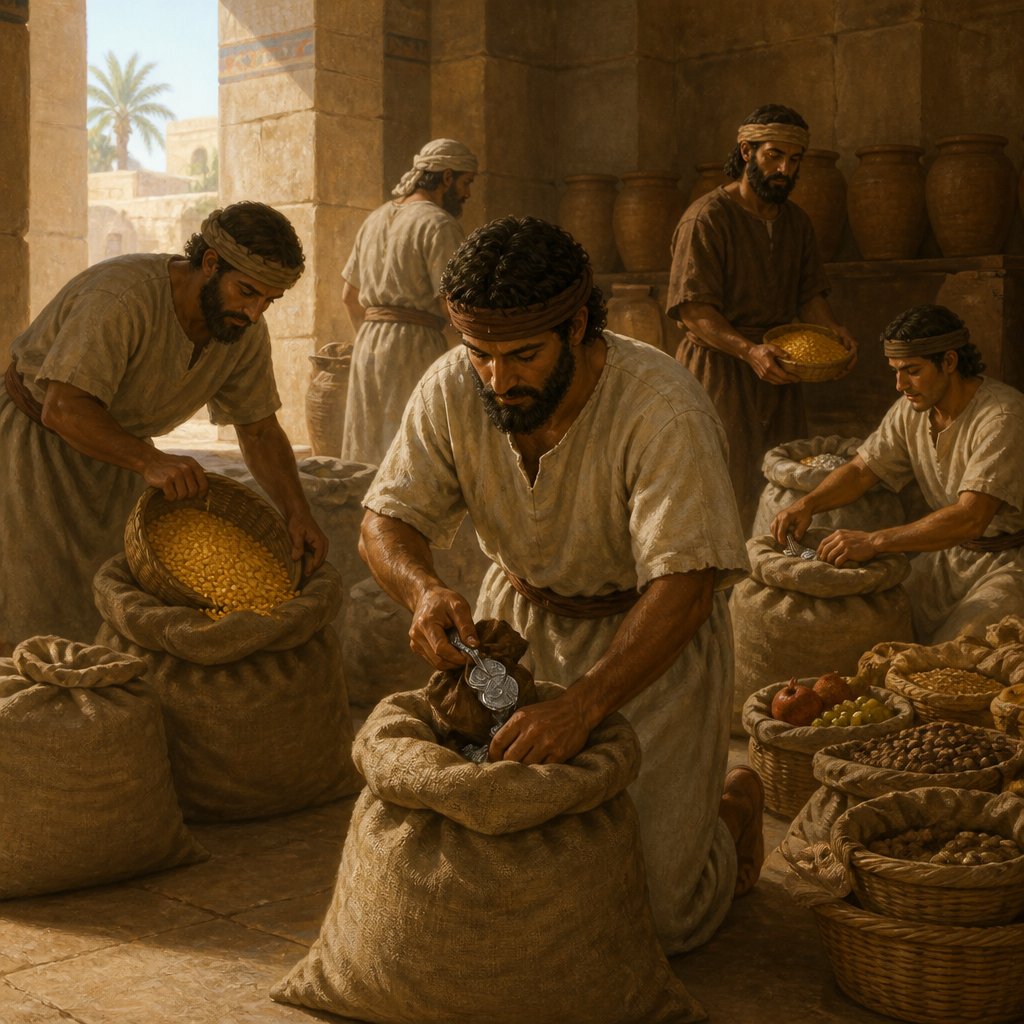 "¶ Then Joseph commanded to fill their sacks with corn, and to restore every man's money into his sack, and to give them provision for the way: and thus did he unto them." - Genesis 42:{verse.verse_number}