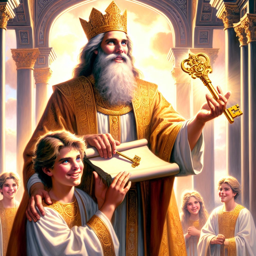 Ezekiel 46:16 - "¶ Thus saith the Lord GOD; If the prince give a gift unto any of his sons, the inheritance thereof shall be his sons'; it shall be their possession by inheritance."
An illustration inspired by the biblical quote Ezekiel 46:16 - 'Thus saith the Lord GOD; If the prince give a gift unto any of his sons, the inheritance thereof shall be his sons'; it shall be their possession by inheritance.' The representation should show a noble figure giving a symbolic gift, perhaps a golden key or a scroll, to his offspring in a grand architectural background signifying their royal heritage. The offspring are shown beaming with anticipation and responsibility. Although this is to mimic the style of contemporary digital art, let's aim for a look echoing the lighting and atmosphere of Romantic-era paintings.