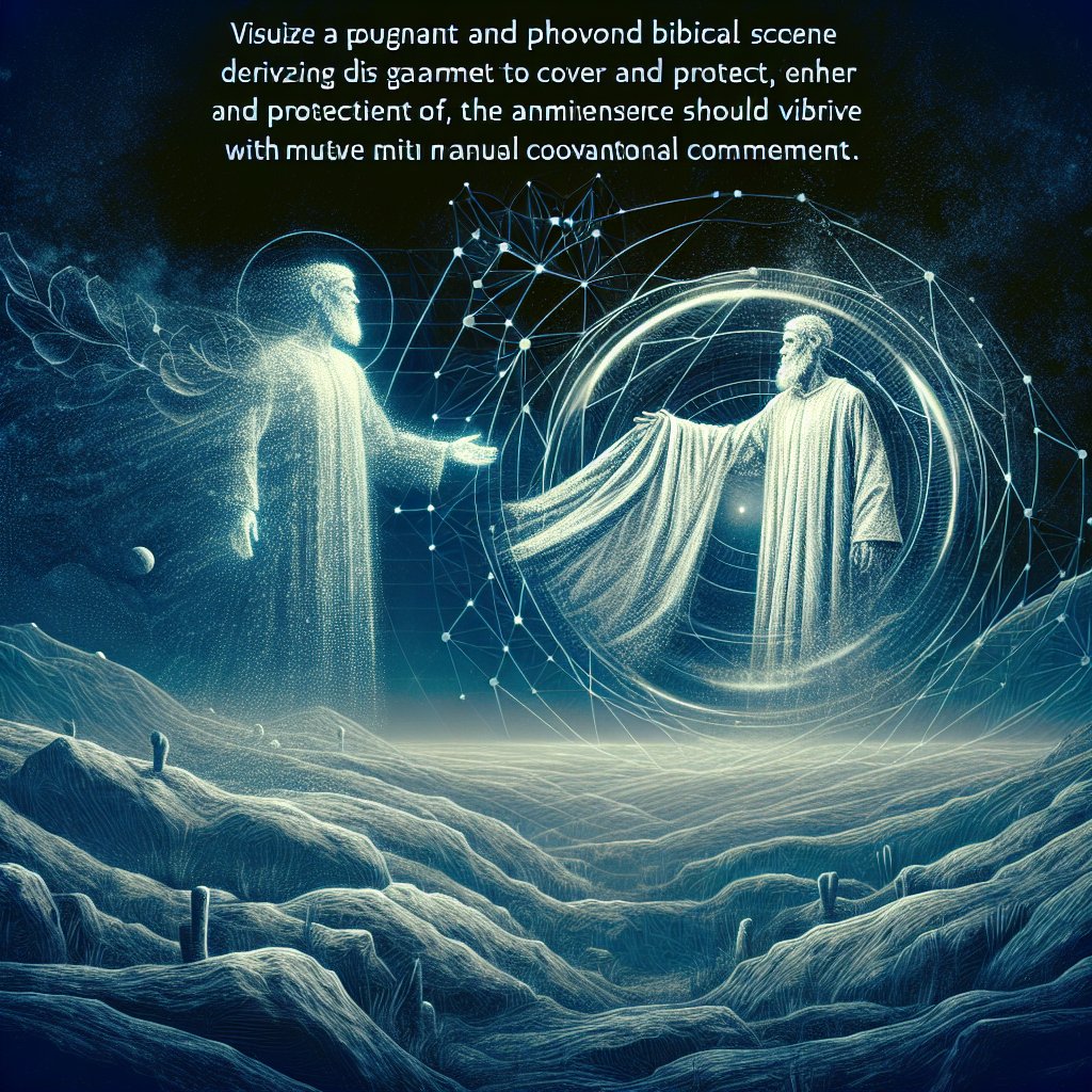 Ezekiel 16:8 - "Now when I passed by thee, and looked upon thee, behold, thy time was the time of love; and I spread my skirt over thee, and covered thy nakedness: yea, I sware unto thee, and entered into a covenant with thee, saith the Lord GOD, and thou becamest mine."
Visualize a poignant and profound biblical scene derived from 'Ezekiel 16:8'. Show a figure, symbolizing divine presence, spreading a garment to cover and protect another bare figure. The ambience should vibrate with mutual covenantal commitment. Evolve this scene in the mode of digital art.