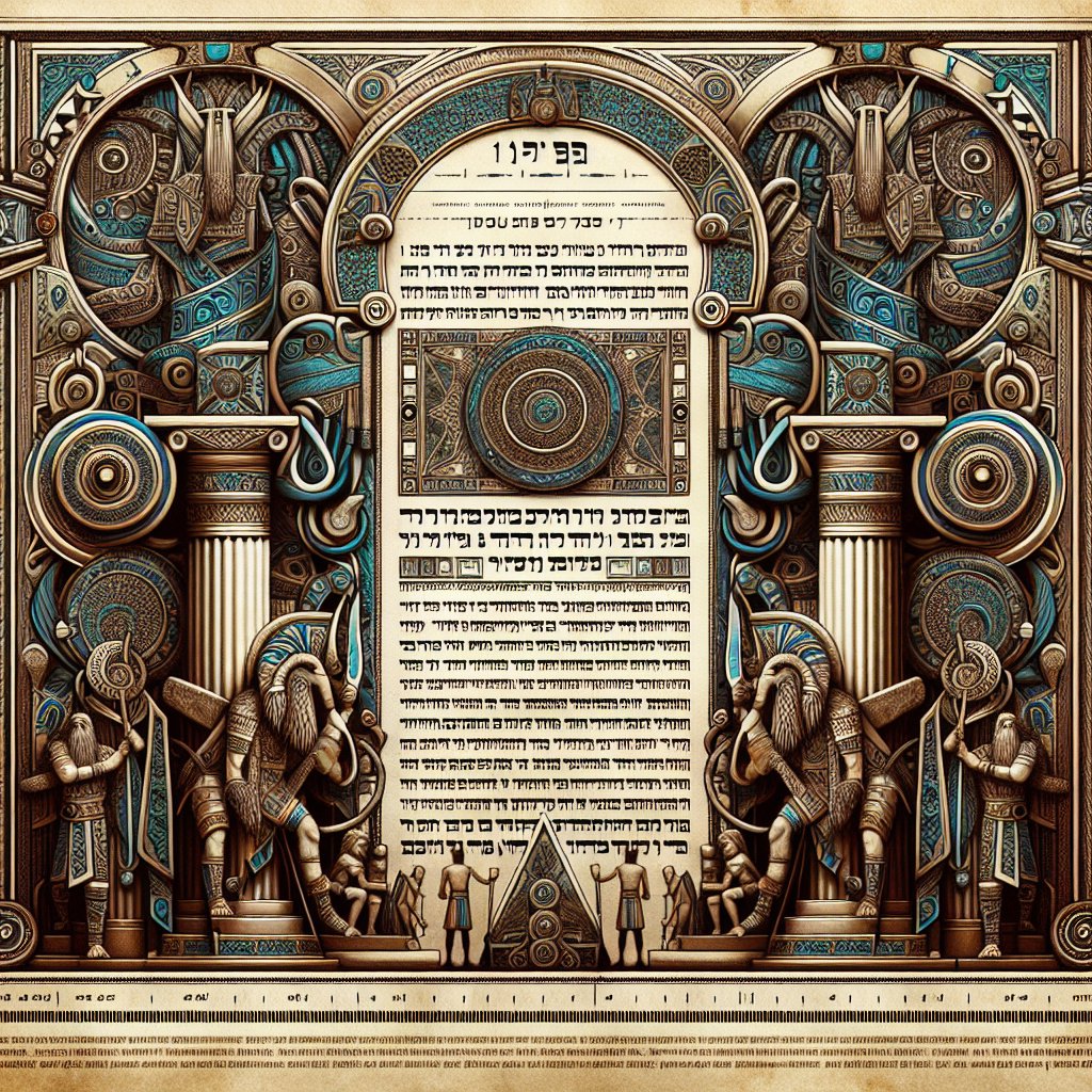 1 Chronicles 9:7 - "And of the sons of Benjamin; Sallu the son of Meshullam, the son of Hodaviah, the son of Hasenuah,"
A visualization of a verse from ancient scripture: '1 Chronicles 9:7 - "And of the sons of Benjamin; Sallu the son of Meshullam, the son of Hodaviah, the son of Hasenuah,"'. The image should interpret this in a digital art style, perhaps including elements such as parchment or an ornate frame to reflect the antiquity of the text, along with character forms or symbols representing the individuals mentioned in the verse. The overall composition should exude a sense of deep respect for historical religious literature.