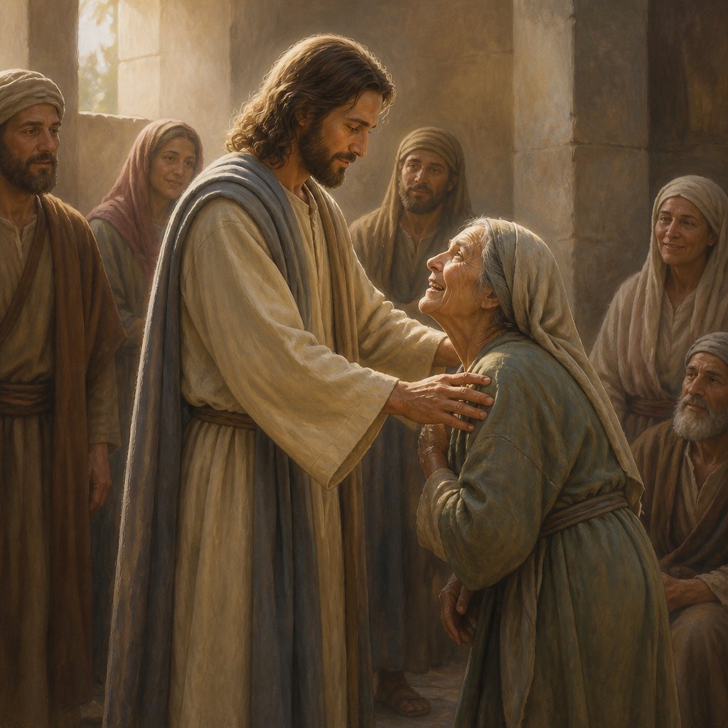 "And behold, there was a woman who had a spirit of infirmity eighteen years, and was bent over and could in no way raise herself up. But when Jesus saw her, He called her to Him and said to her, "Woman, you are loosed from your infirmity." And He laid His hands on her, and immediately she was made straight, and glorified God." - Luke 13:11-13