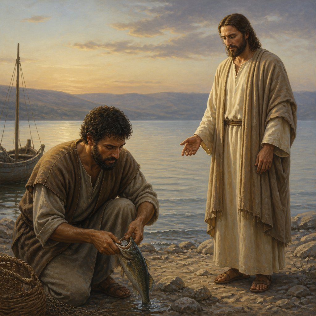 "Notwithstanding, lest we should offend them, go thou to the sea, and cast an hook, and take up the fish that first cometh up; and when thou hast opened his mouth, thou shalt find a piece of money: that take, and give unto them for me and thee." - Matthew 17:{verse.verse_number}