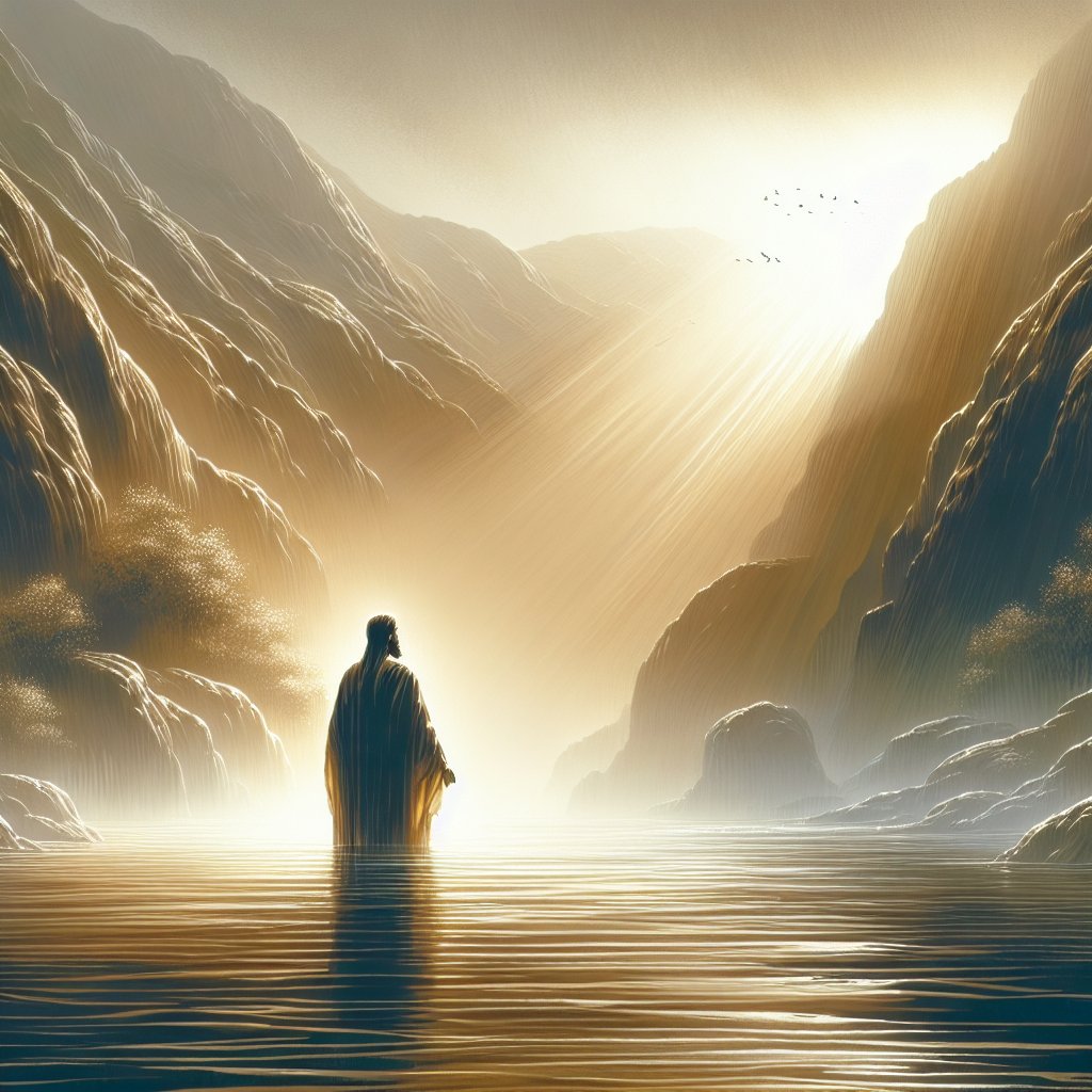 John the Baptist) in Jordan river
Illustrate a devotional and respectful representation of the biblical figure, John the Baptist, standing in the Jordan river. This spiritually significant scene should be created using the medium of digital art, complete with smooth gradients and sharp contrasts. The atmosphere should emanate a sense of tranquility and reverence, while ensuring no text or words are included in the image.