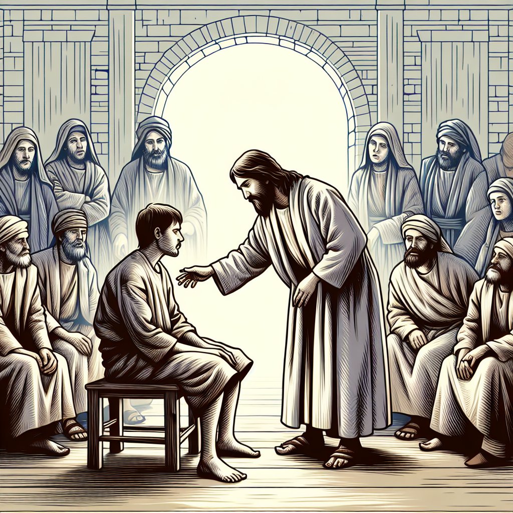 Mark 3:2 - "And they watched him, whether he would heal him on the sabbath day; that they might accuse him."
An illustration of a scene inspired by Mark 3:2 from the Bible. It depicts a group of people attentively observing a solitary figure, whose healing hands reach out to a distressed individual. All of this is taking place in a setting that suggests it's a Sabbath day. The atmosphere is tense, as if the onlookers are waiting for a chance to accuse the healer. This image embraces the style of digital art, with sharp lines and vibrant colors, yet maintaining a classic essence.