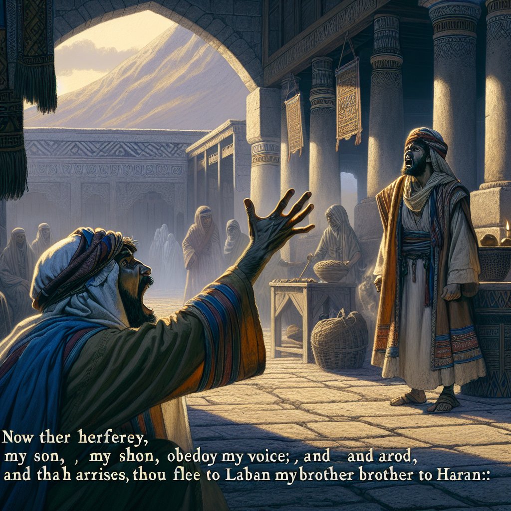 Genesis 27:43 - "Now therefore, my son, obey my voice; and arise, flee thou to Laban my brother to Haran;"