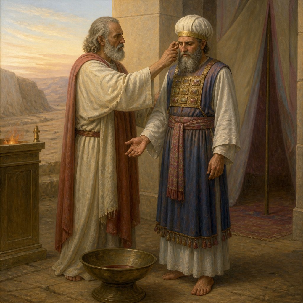 "And he slew it; and Moses took of the blood of it, and put it upon the tip of Aaron's right ear, and upon the thumb of his right hand, and upon the great toe of his right foot." - Leviticus 8:{verse.verse_number}