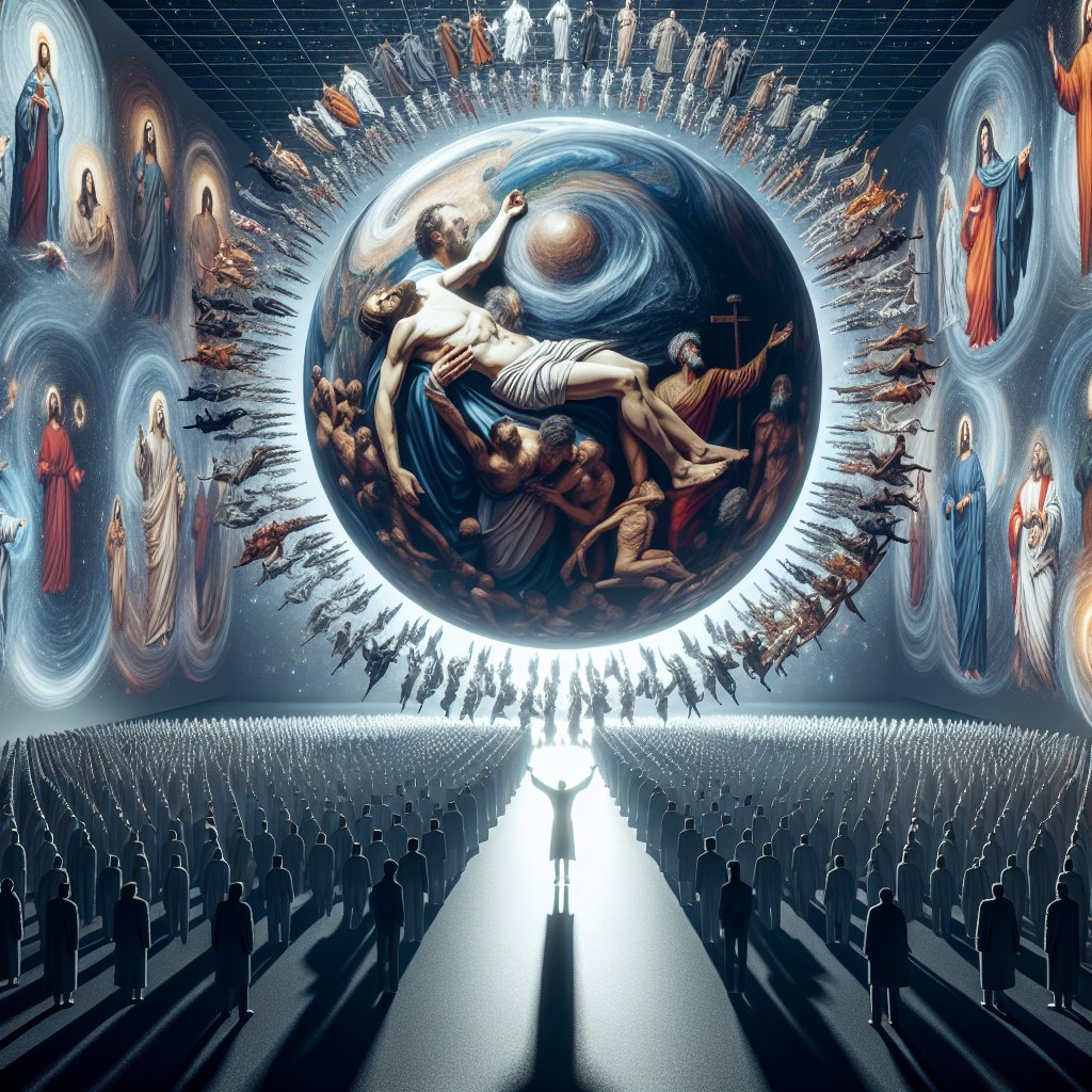 John 11:50 - "Nor consider that it is expedient for us, that one man should die for the people, and that the whole nation perish not."
A digital art representation of a scene inspired by the biblical verse John 11:50 - 'Nor consider that it is expedient for us, that one man should die for the people, and that the whole nation perish not.' Visualize a symbolic scene depicting one individual presenting a pose of sacrifice, surrounded by imagery representing a multitude of people and the concept of a spared nation.