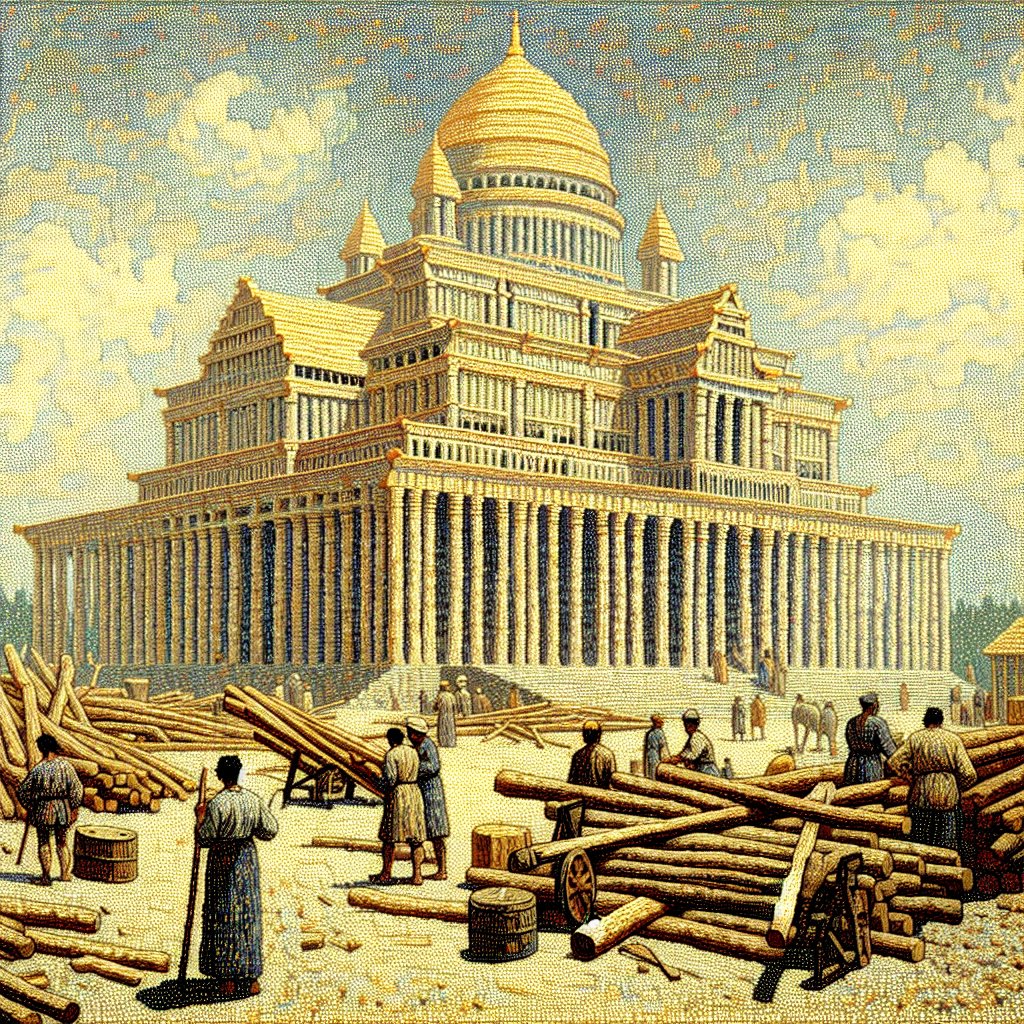 2 Chronicles 2:9 (KJVA)
Even to prepare me timber in abundance: for the house which I am about to build shall be wonderful great.
Create a pointillism-style artistic representation of a magnificent Christian temple being built, as described in 2 Chronicles 2:9 from the KJVA Bible. There is an abundance of timber being prepared for this construction. Although it will be a detailed representation of the Bible passage, the style is informed by artists like Georges Seurat. It will feature an array of tiny, distinct dots of color, carefully arranged to create the form and texture of the scene. The artwork should respectfully embody the spirit of devotion inherent in the act of constructing this grand place of worship. There should be no text or words present in the image.