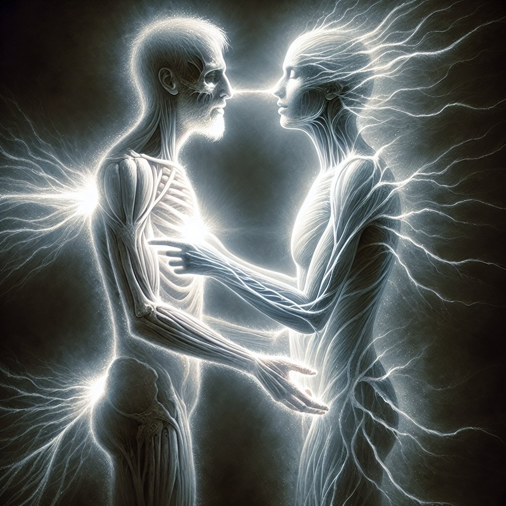 John 6:56 - "He that eateth my flesh, and drinketh my blood, dwelleth in me, and I in him."
A detailed portrayal of John 6:56 - "He that eateth my flesh, and drinketh my blood, dwelleth in me, and I in him." Visualize the metaphorical interpretation of this verse where one figure shares a spiritual bond with another, symbolized through light connecting them. Both figures are bathed in a healing white aura. The image should be interpreted in a modern, digital artistic style without mimicking any artist post 1912.