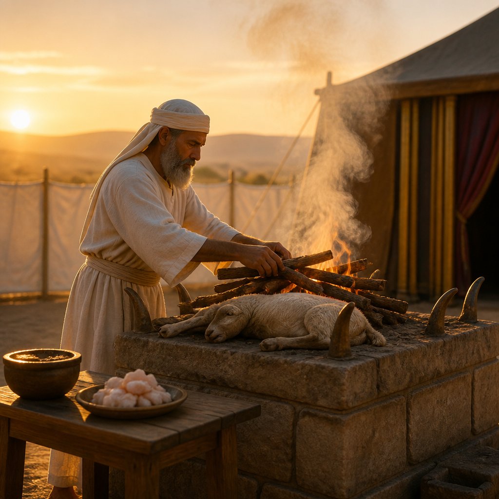 "And the fire upon the altar shall be burning in it; it shall not be put out: and the priest shall burn wood on it every morning, and lay the burnt offering in order upon it; and he shall burn thereon the fat of the peace offerings." - Leviticus 6:{verse.verse_number}