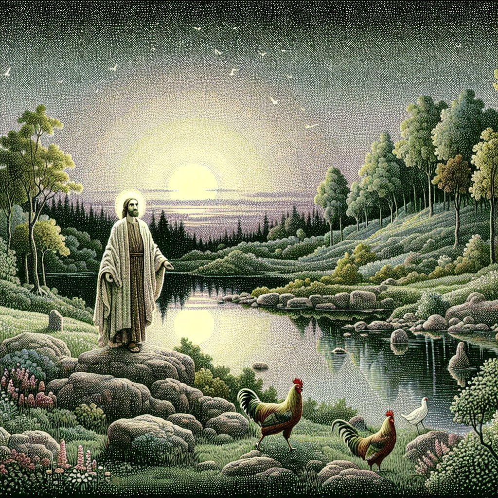 Mark 13:35 (KJVA)
35 Watch ye therefore: for ye know not when the master of the house cometh, at even, or at midnight, or at the cockcrowing, or in the morning:
Illustrate a serene scenic representation of Mark 13:35 (KJVA), depicting the master of the house returning at different times: evening, midnight, cockcrowing, and morning. Generate this in the style of pointillism, recognized by its characteristic use of individual dots of color to form an image, which was a popular technique in the late 19th century. The artwork should evoke a sense of devotion and respect for Christianity, showcasing reverence and tranquility instead of incorporating any explicit texts or words.