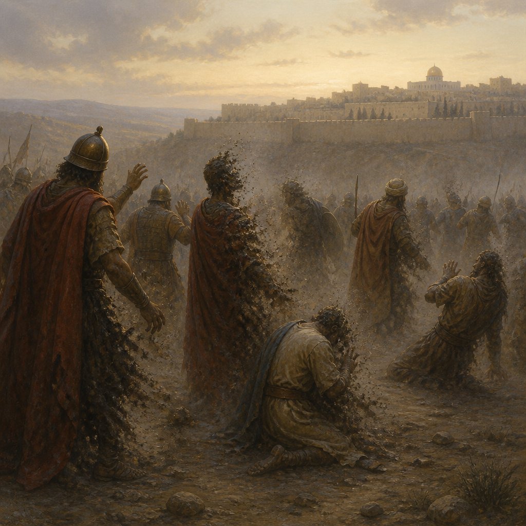 "¶ And this shall be the plague wherewith the LORD will smite all the people that have fought against Jerusalem; Their flesh shall consume away while they stand upon their feet, and their eyes shall consume away in their holes, and their tongue shall consume away in their mouth." - Zechariah 14:12