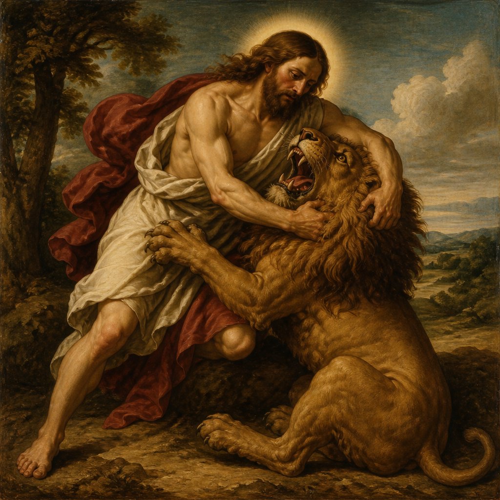 Jesus fighting a lion
