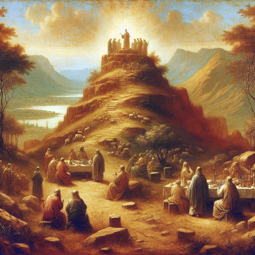 Ezekiel 20:40
An image depicting a key scene from Ezekiel 20:40 set in the era of the Renaissance. The scene should focus on a hilltop being sanctified with offerings, emanating a divine aura. It should bring forth feelings of reverence and devotion associated with Christianity. The color palette should be harmonious and earthy with warm and muted hues, typical of the Renaissance period. The art composition should mirror the detailed, balanced and perspective-driven aesthetic of the time while abstaining from including any text or words in the image.