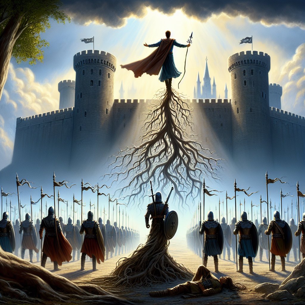 Daniel 11:7 - "But out of a branch of her roots shall one stand up in his estate, which shall come with an army, and shall enter into the fortress of the king of the north, and shall deal against them, and shall prevail:"
Visual representation of a biblical verse, Daniel 11:7 - 'But out of a branch of her roots shall one stand up in his estate, which shall come with an army, and shall enter into the fortress of the king of the north, and shall deal against them, and shall prevail'. Imagine the scene depicting a person rising from a root's branch, joined by a powerful army. They are seen entering a majestic fortress, signifying the stronghold of the king of the north. The picture should be striking and strong, reflecting victory. The art should be in the style of digital artwork.