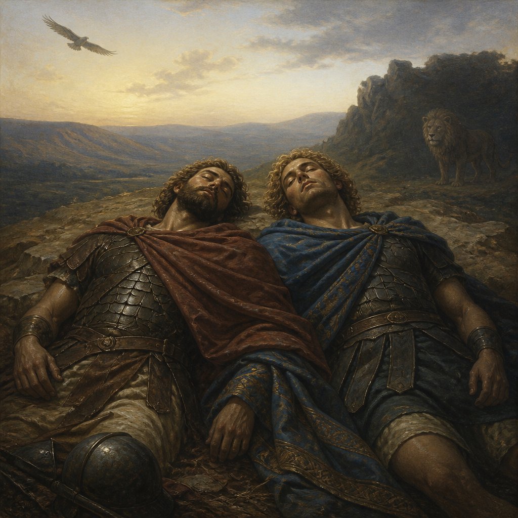 "Saul and Jonathan were lovely and pleasant in their lives, and in their death they were not divided: they were swifter than eagles, they were stronger than lions." - 2 Samuel 1:{verse.verse_number}