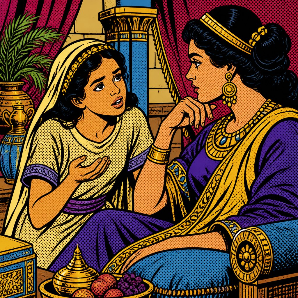 2 kings 5:3 Create a scene with a young servant girl talking earnestly with her mistress who is looking at her intently. the surroundings are rich in keeping with early biblical times of 2 kings