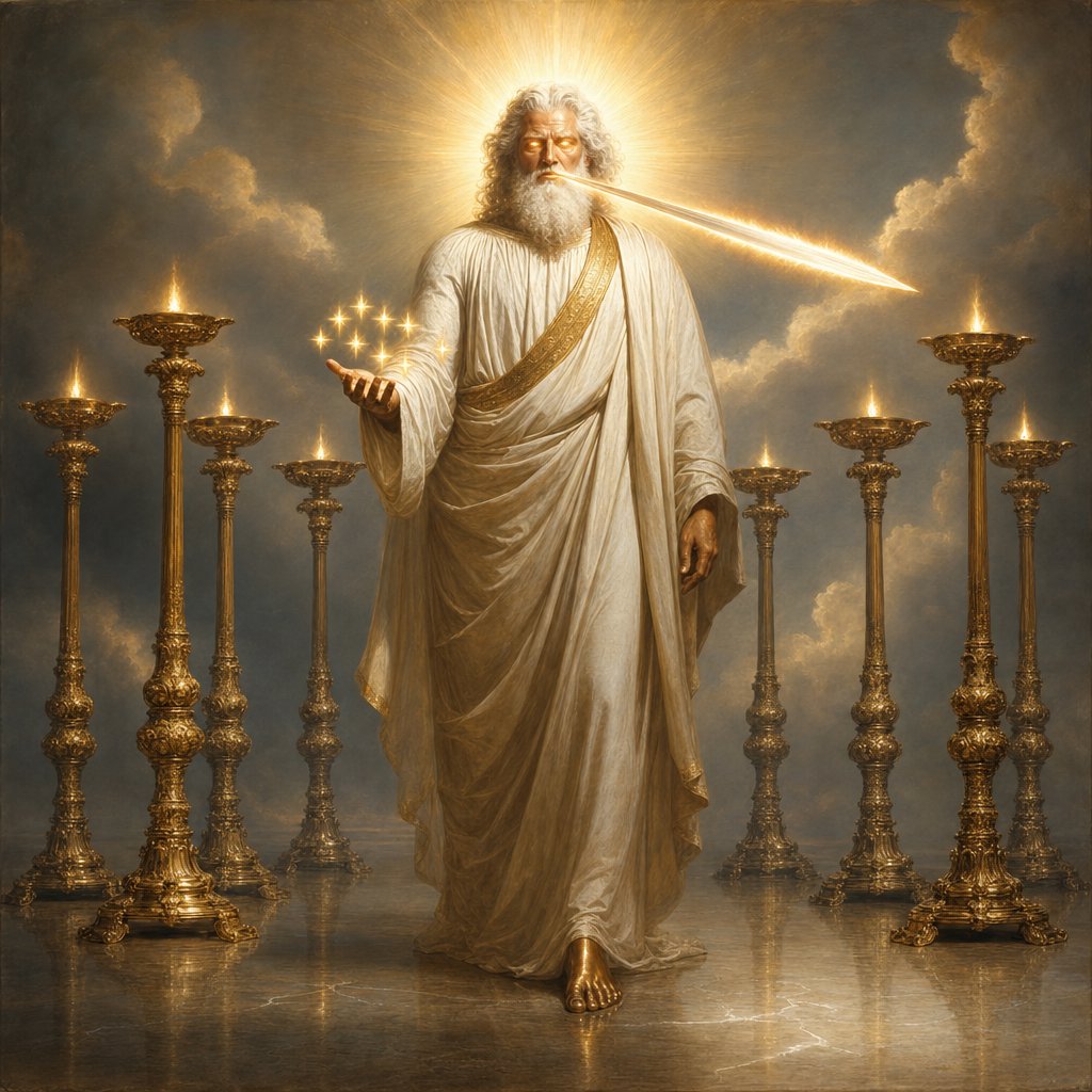 I saw seven golden lampstands, and in the midst of the lampstands I saw one like the Son of Man, clothed with a long robe and with a golden sash across his chest. His head and his hair were white as white wool, white as snow; his eyes were like a flame of fire; 15 his feet were like burnished bronze, refined as in a furnace, and his voice was like the sound of many waters. In his right hand he held seven stars, and from his mouth came a sharp, two-edged sword, and his face was like the sun shining with full force.