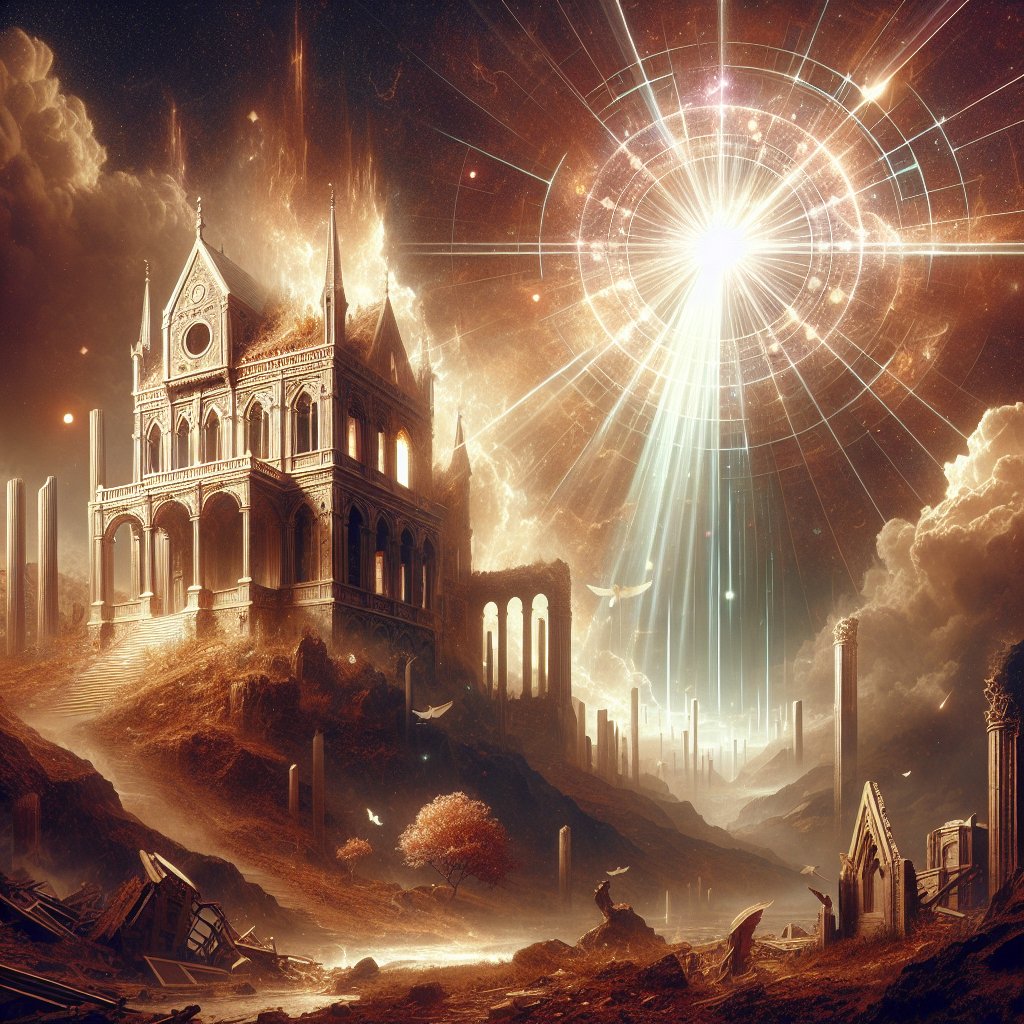2 Chronicles 21:7 - "Howbeit the LORD would not destroy the house of David, because of the covenant that he had made with David, and as he promised to give a light to him and to his sons for ever."
Create a digital art representation of the following scene from 2 Chronicles 21:7 - 'The LORD would not destroy the house of David, due to the covenant that he had made with David, and as he promised to give a light to him and to his sons for ever.' This scene should feature a majestic house standing strong, symbolizing the 'house of David'. Also, a divine, celestial light shines down upon it, representing the light promised to David and his descendants. Surrounding the house, there should be signs of destruction that have been held back, expressing the LORD's protection of the house.