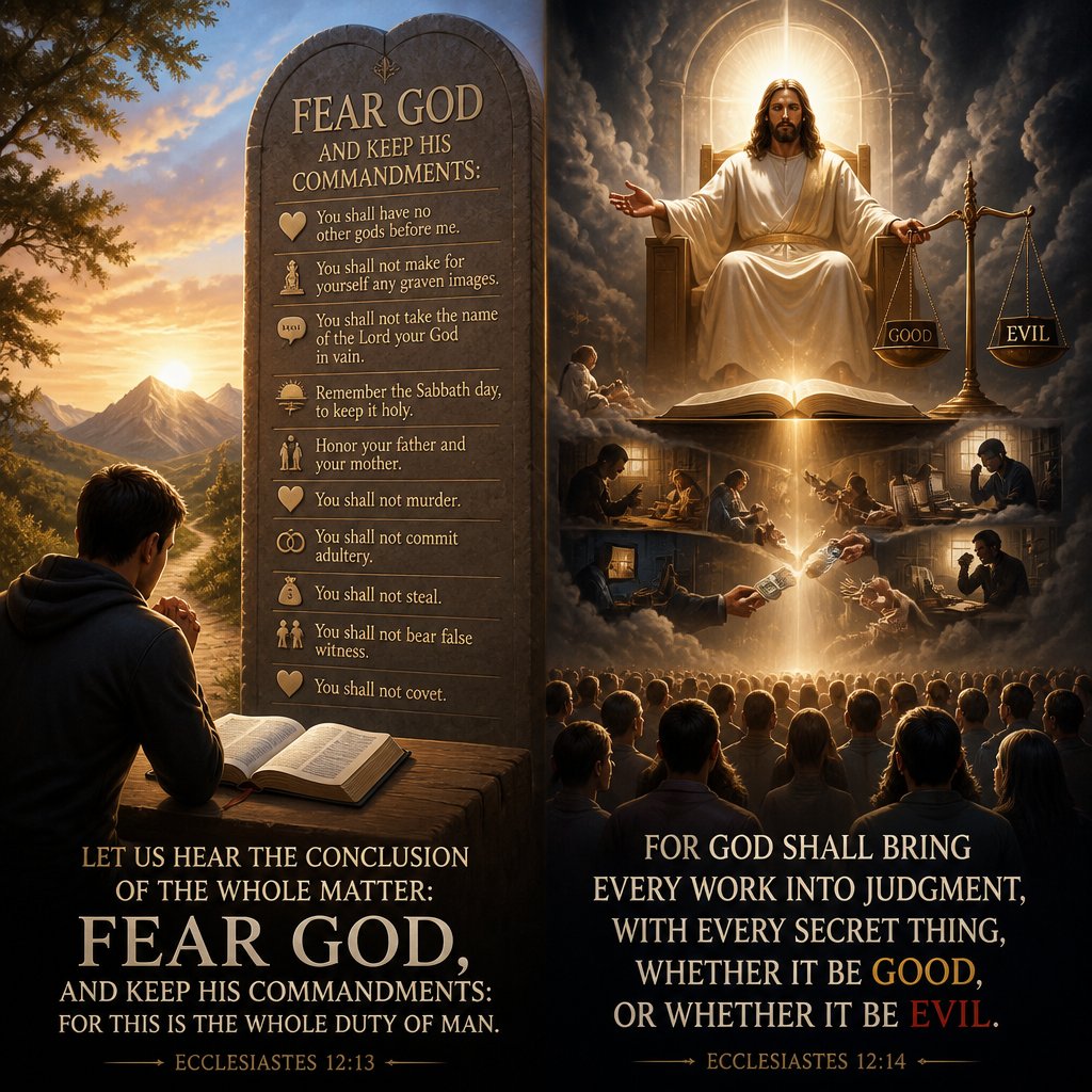 Ecclesiastes 12:13 Let us hear the conclusion of the whole matter: Fear God, and keep his commandments: for this is the whole duty of man.
Ecclesiastes 12:14 For God shall bring every work into judgment, with every secret thing, whether it be good, or whether it be evil.