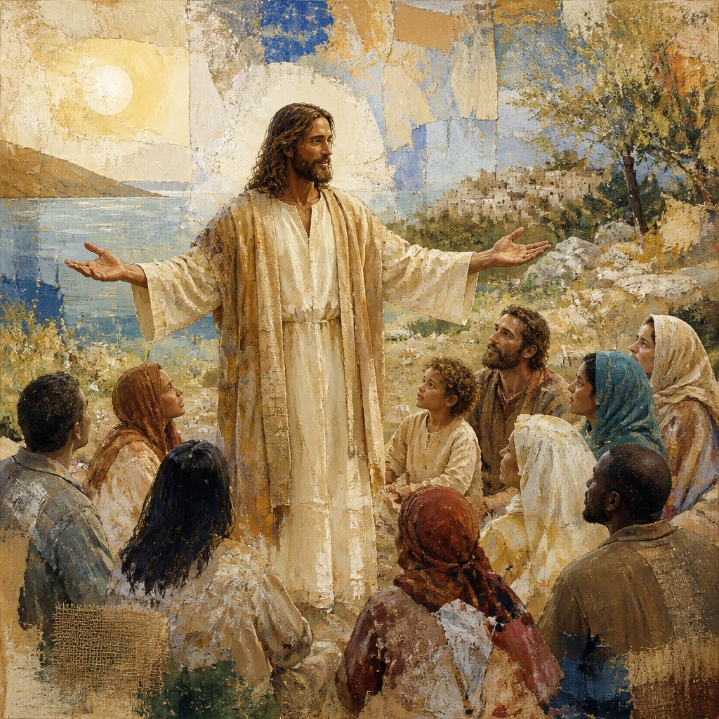 JESUS WITH OUTSTRETCHED ARMS AND OPEN HANDS while ministering to PEOPLE about charity and hope IN THE FOREGROUND