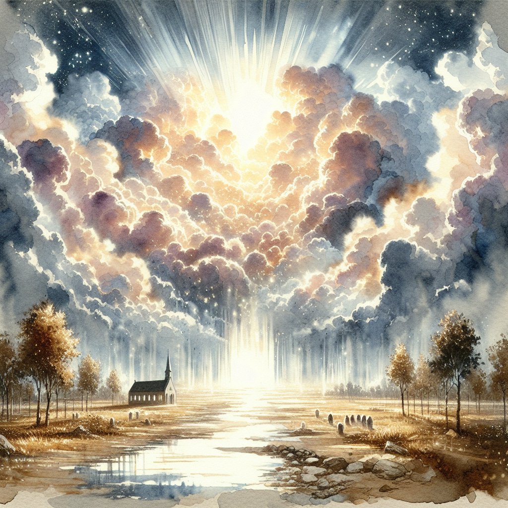 2 Chronicles 5:14 so that the priests could not stand to minister by reason of the cloud: for the glory of the LORD had filled the house of God.
Render a tranquil and heartfelt watercolor scene inspired by the Bible verse 2 Chronicles 5:14, where the glory of the Lord fills the house of God to such an extent that the priests could no longer stand. The image should evoke intense devotion and respect towards Christianity without the use of any text or words within the image. Show an overflowing cloud emitting a divine, radiant glow, engulfing the surrounding area, causing the priests to be unable to stand due to its overwhelming strength, thereby reflecting the omnipotent presence of the Lord.