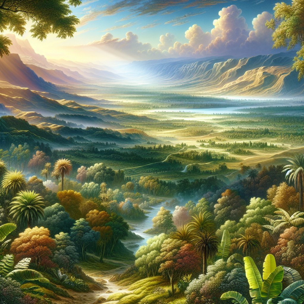 Exodus 6:8 - "And I will bring you in unto the land, concerning the which I did swear to give it to Abraham, to Isaac, and to Jacob; and I will give it you for an heritage: I am the LORD."
Generate a digital art rendering of a biblical scene inspired by Exodus 6:8 - "And I will bring you in unto the land, concerning the which I did swear to give it to Abraham, to Isaac, and to Jacob; and I will give it you for a heritage: I am the LORD.". In the scene, visualize a vast, promised land filled with lush greenery and diverse landscapes as a symbol of divine promise. Capture the essence of the spiritual journey and divine providence.