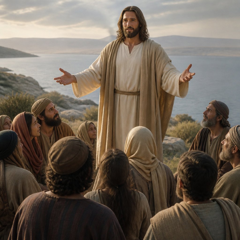 JESUS WITH OUTSTRETCHED ARMS AND OPEN HANDS while ministering to PEOPLE about charity and hope IN THE FOREGROUND