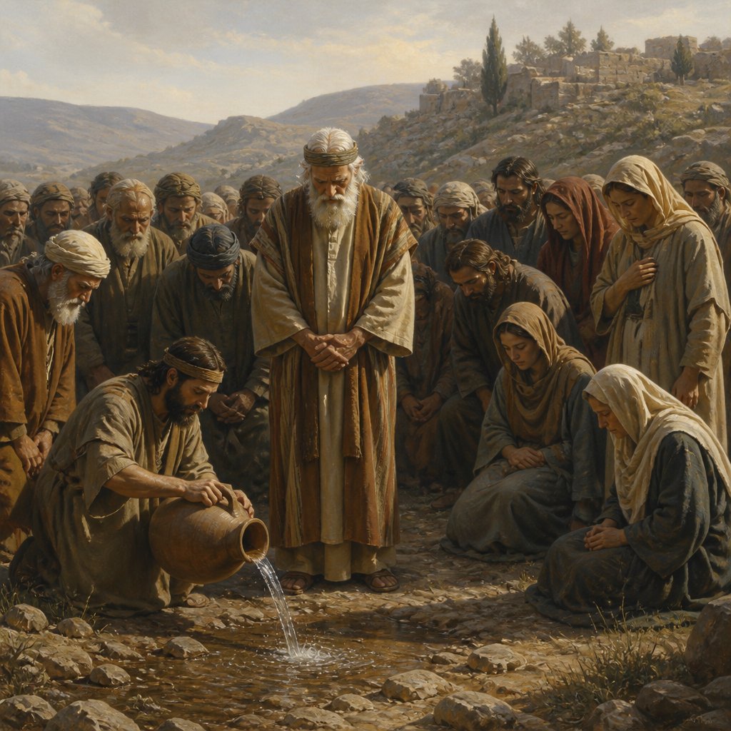 "And they gathered together to Mizpeh, and drew water, and poured it out before the LORD, and fasted on that day, and said there, We have sinned against the LORD. And Samuel judged the children of Israel in Mizpeh." - 1 Samuel 7:{verse.verse_number}