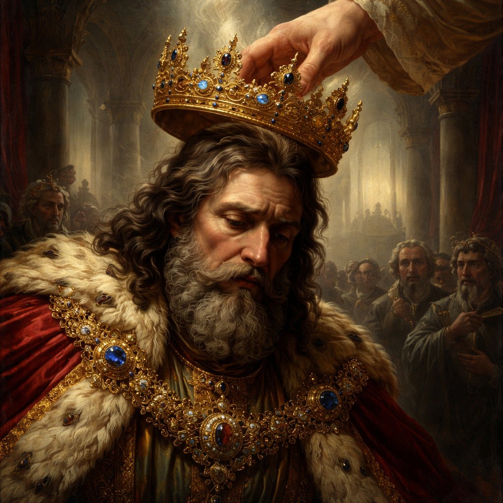 Hand reaching down and taking the crown off a king’s head