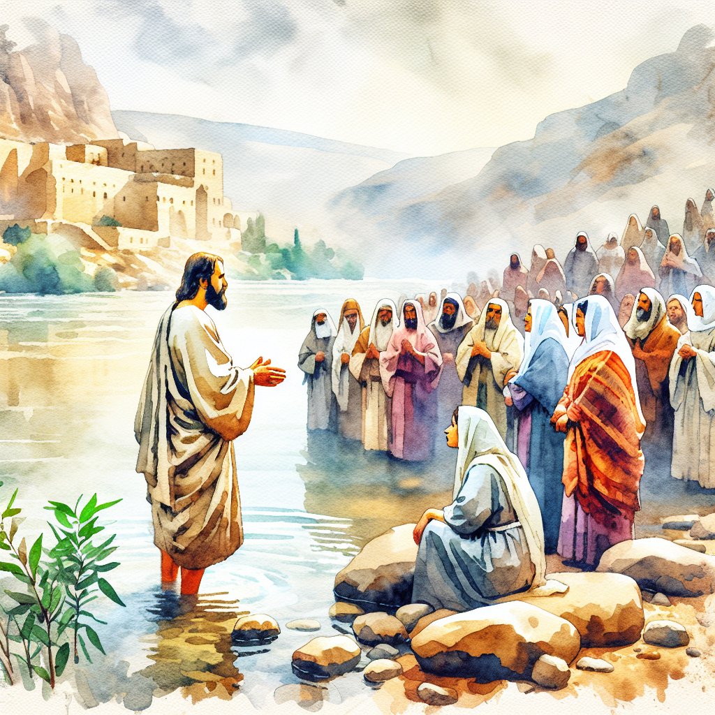 John the Baptist) in Jordan river talking to people
A biblical scene in a watercolor style. The image depicts a figure, known as John the Baptist, standing in the Jordan River, engaged in a conversation with a diverse group of people of different genders and descents on the riverbank. The scene imparts a sense of devotion and respect towards Christianity. Please ensure the image doesn't contain any text or written words.