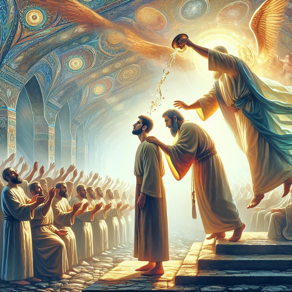 Psalms 89:19-20 (KJV)
19 Then thou spakest in vision to thy holy one, and saidst, I have laid help upon one that is mighty; I have exalted one chosen out of the people.
20 I have found David my servant; with my holy oil have I anointed him:
Create picture without using words
Create an image in the style of respectful Christian-themed digital art. The scene depicts a visionary sequence where a divine entity extends assistance to a strong figure chosen from among the people - symbolizing empowerment and exaltation. A servant, who we may imagine as a Middle Eastern man, is being anointed with sacred oil, representing divine selection and blessing. This image does not use any text or words, rather the narrative and message are expressed purely through visual elements.